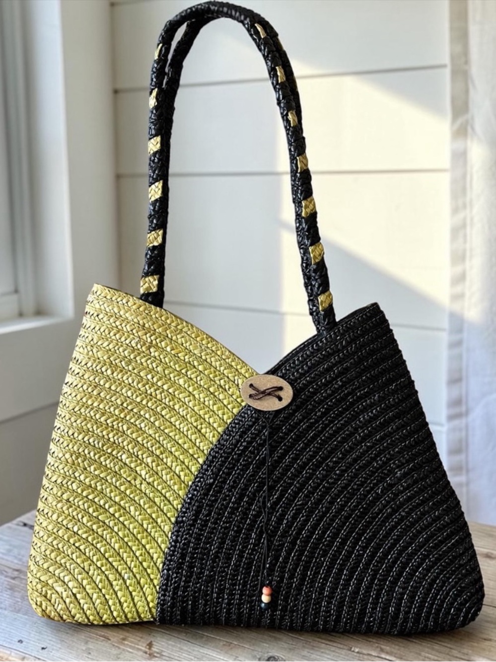 Two-Tone Black & Lime Green Straw Tote Bag - Women